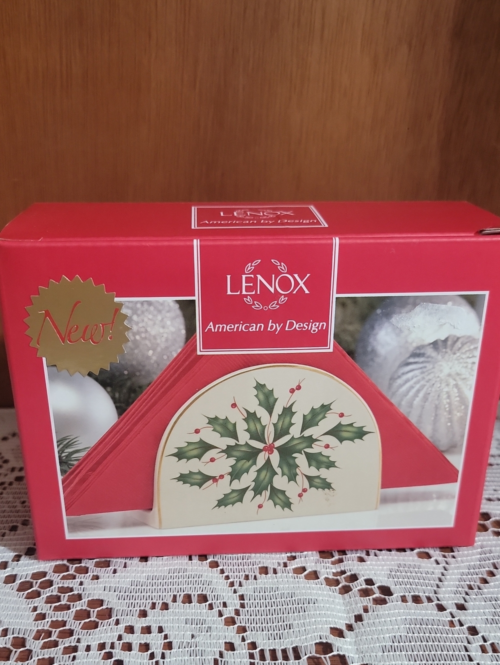 Lenox Red and Cream Holly Napkin Holder with Green Holly Motif